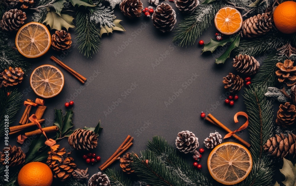 Top view of dried oranges, pinecones, cinnamon, and snow-dusted items arranged around a snowy background, representing a cozy winter setting. Happy New Year. Top view of dried oranges, pinecones, cinnamon, and snow-dusted items arranged around a snowy background, representing a cozy winter setting. Happy New Year.