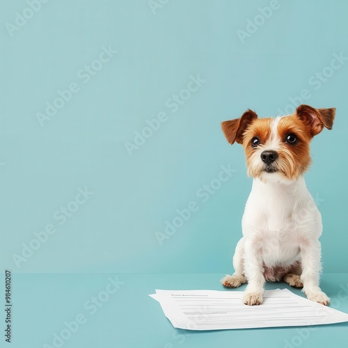 Pet insurance, with dog and policy papers, 3D illustration, copy space for text, photo