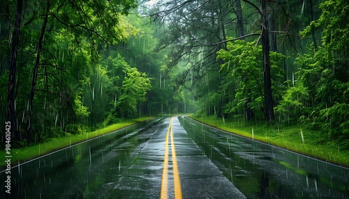 Rainy asphalt road in the forest with yellow line and rain drops