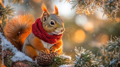 A squirrel in a red scarf holds a pinecone while perched on a snow-covered branch, with the golden light of sunset illuminating the wintery background. photo