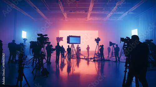 commercial video film movie making lighting set professional studio production big working people silhouette scenes behind television camera motion picture equipment crew photo light