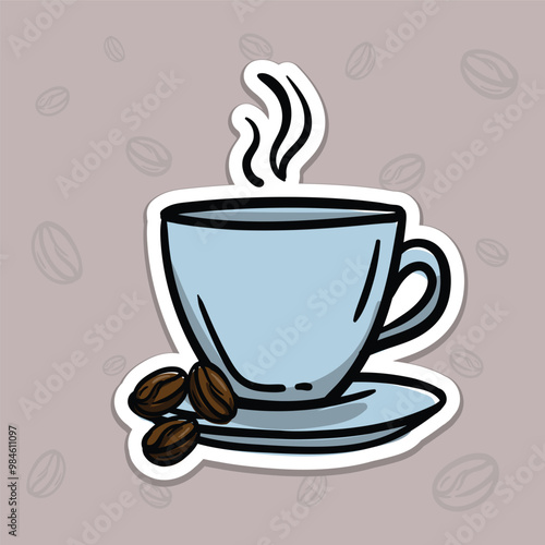 Simple vector illustration of a cup of hot coffee and coffee beans. Hand drawn illustration for sticker, emblem, label, price tag. Colored casual icon for the design of a cafe, restaurant
