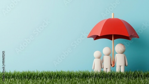 Family under an umbrella, representing life insurance, 3D illustration, copy space for text,