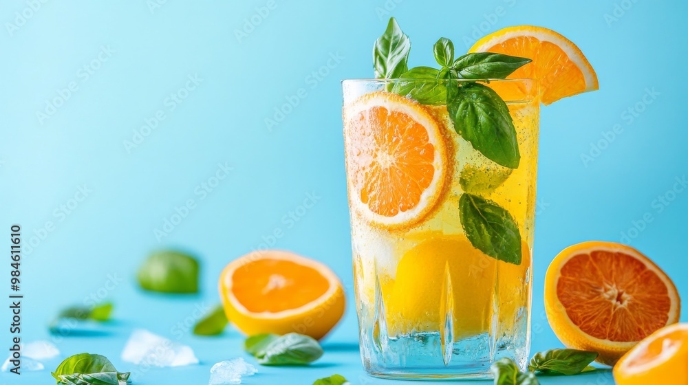 Fototapeta premium Basil, lemon, & orange lemonade in glass on blue.