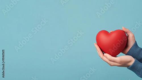 Hands holding a heart, symbolizing health insurance, 3D illustration, copy space for text, photo