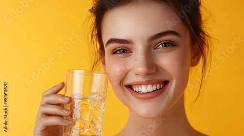 Contented woman in headshot, sipping water, glancing at the camera, taking her daily vitamin supplement that strengthens and beautifies her skin, hair, and nails, as well as prescription medications f photo