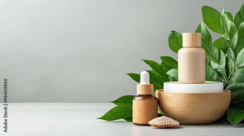Skincare Essentials on Wooden Table with Greenery Skincare Essentials on Wooden Table with Greenery