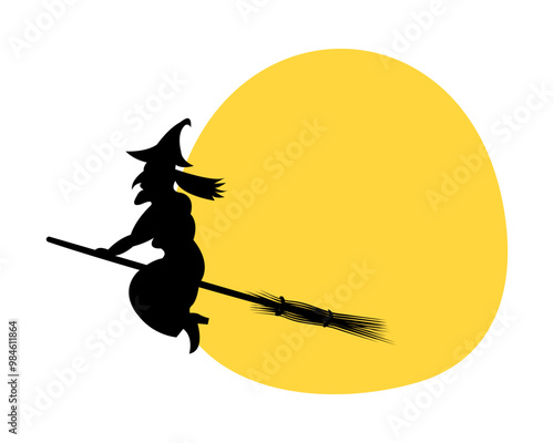 A silhouette of a wicked witch on a broomstick against a yellow moon. Spooky crone witch on All Hallows Eve for Halloween themed project. For holiday invitation, decoration.