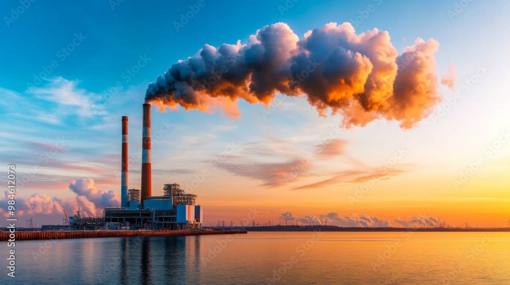Industrial Power Plant at Sunset with Smoke Clouds Industrial Power Plant at Sunset with Smoke Clouds