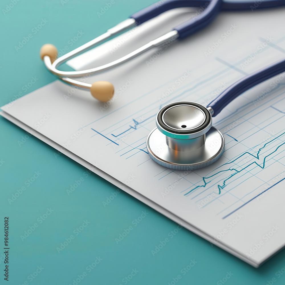 Health insurance, with stethoscope and medical chart, 3D illustration, copy space for text, Health insurance, with stethoscope and medical chart, 3D illustration, copy space for text,