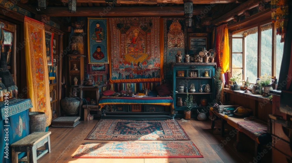 A traditional Tibetan home with colorful wall hangings and intricate wooden carvings, capturing the essence of Tibetan culture A traditional Tibetan home with colorful wall hangings and intricate wooden carvings, capturing the essence of Tibetan culture