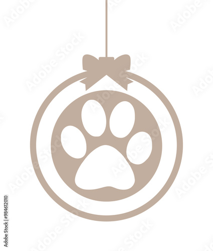 Christmas ball with Silhouette of animal's paw. Round template for gift and interior. Vector Holiday composition for laser cutting, paper cutting, wood, metal. EPS10.  