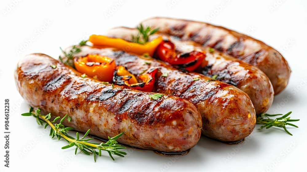Close-up of Four Grilled Sausages with Roasted Peppers and Thyme Close-up of Four Grilled Sausages with Roasted Peppers and Thyme