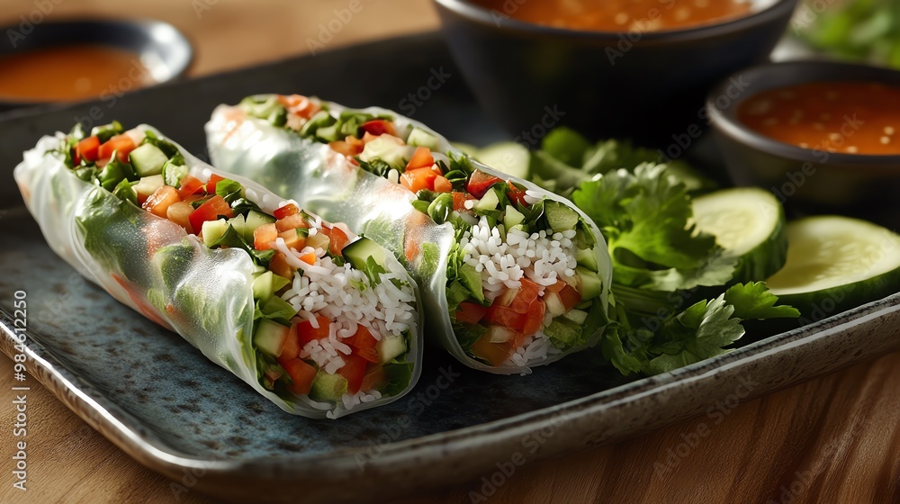 Fresh Vietnamese spring rolls with dipping sauce Fresh Vietnamese spring rolls with dipping sauce