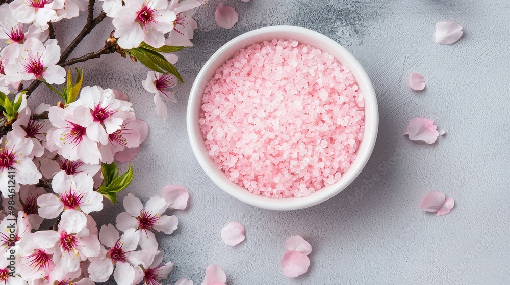 A bowl of pink bath salts resting beside blooming cherry blossoms, representing tranquility and self-care. A bowl of pink bath salts resting beside blooming cherry blossoms, representing tranquility and self-care.