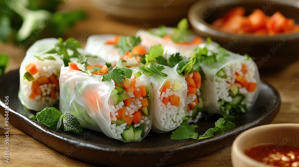 Fresh Vietnamese spring rolls with dipping sauce on a plate. Fresh Vietnamese spring rolls with dipping sauce on a plate.