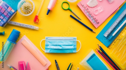 School supplies, face mask top view.