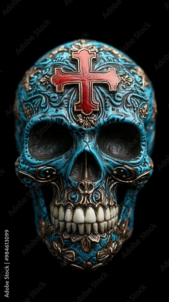 Colorful skull design with intricate patterns and a red cross, perfect for artistic and cultural themes. Colorful skull design with intricate patterns and a red cross, perfect for artistic and cultural themes.