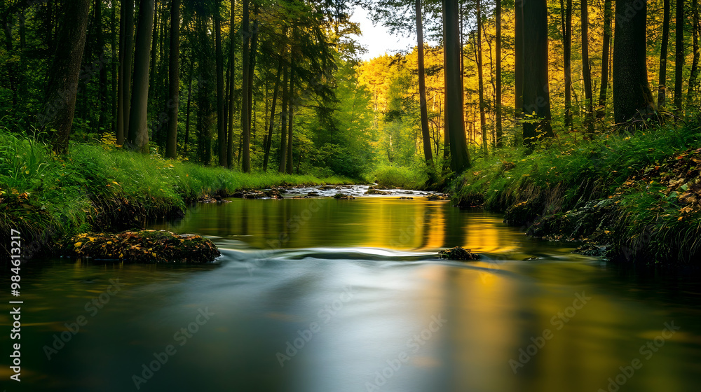 Obraz premium A calm river flowing through a quiet forest.