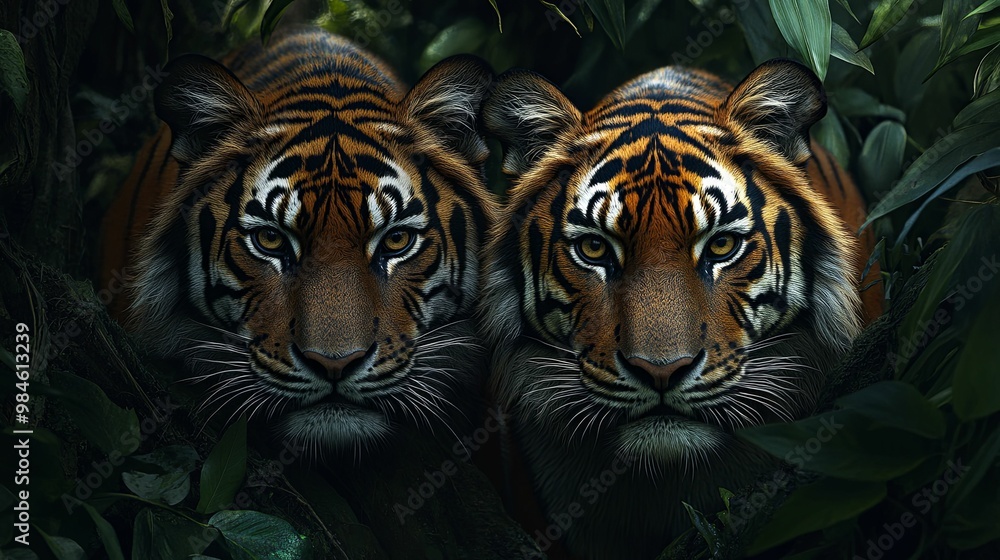 Two Tigers Peering Through Dense Foliage Two Tigers Peering Through Dense Foliage