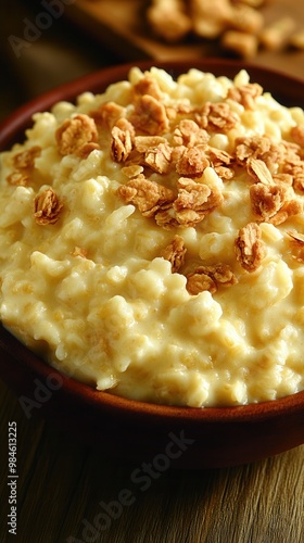 Creamy rice pudding topped with crunchy granola, perfect for a comforting dessert or breakfast treat. photo