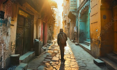 Golden Hour Stroll Through Ancient Alleyways: A lone traveler soaks in the warm glow of sunrise while exploring the vibrant, textured streets of an ancient city