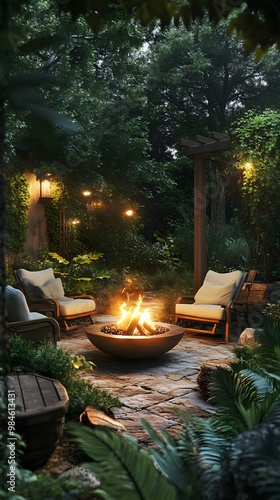 A cozy outdoor setting with comfortable chairs around an inviting fire pit, surrounded by lush greenery and a well-organized home garden, offering warmth on cool nights in the yard.