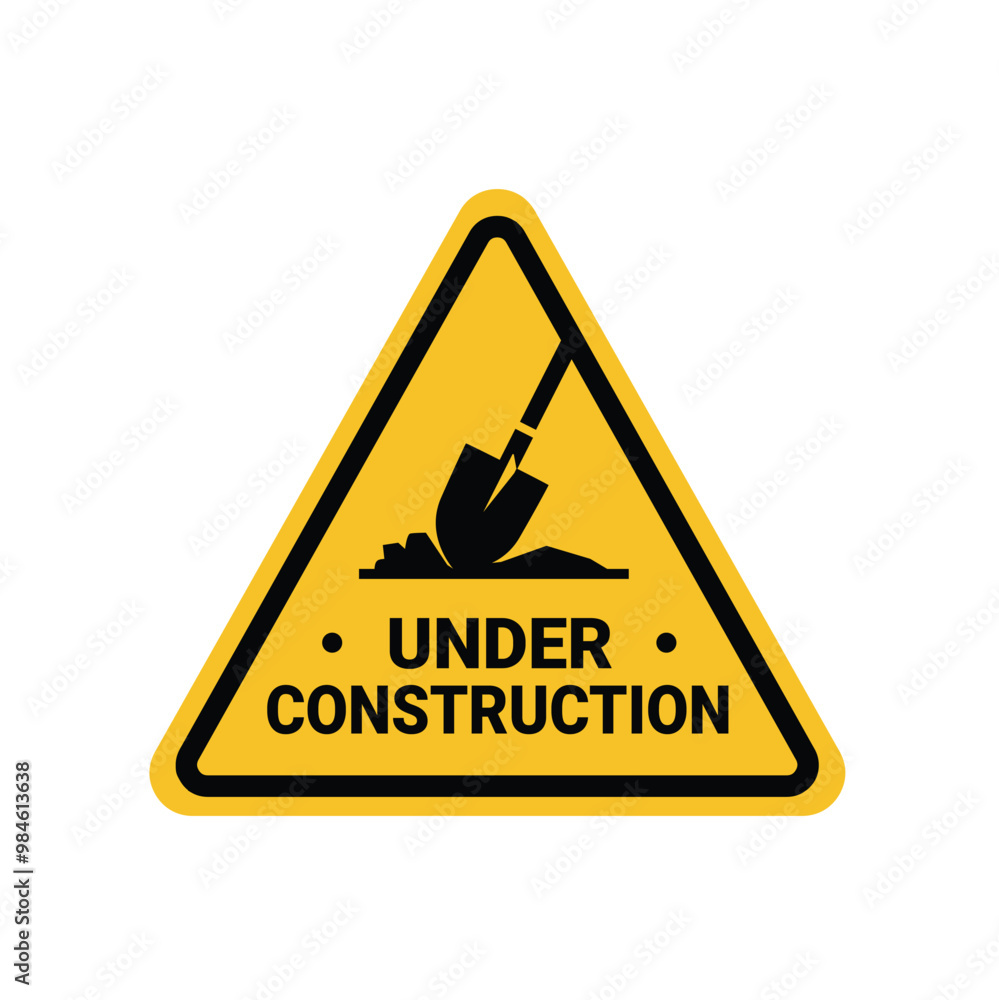 under construction at a site, shovel and soil on the yellow triangle sign. Suitable for posters and web icons under construction at a site, shovel and soil on the yellow triangle sign. Suitable for posters and web icons