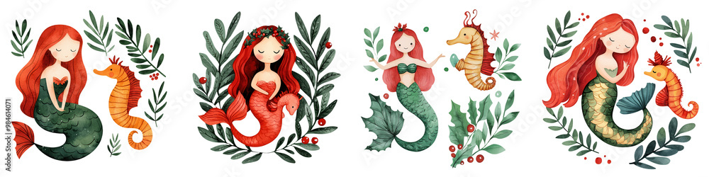 Four charming mermaids surrounded by seaweed and fish in a whimsical, colorful style.