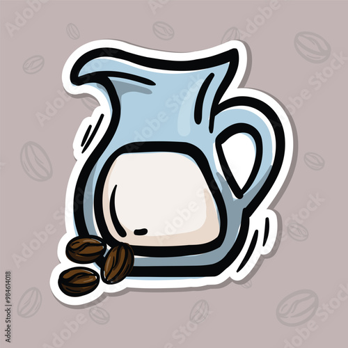 Simple vector illustration of a jug of milk and coffee beans. Hand drawn illustration for sticker, emblem, label, price tag. Colored casual icon for the design of a cafe, restaurant