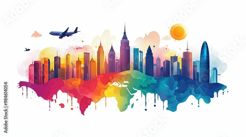 Colorful Watercolor Skyline Illustration of a City with an Airplane Flying Overhead and a Yellow Sun