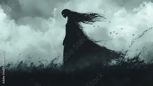 A haunting banshee silhouette in a dark, moody landscape, perfect for halloween-themed designs with copy space. Banshee. Illustration