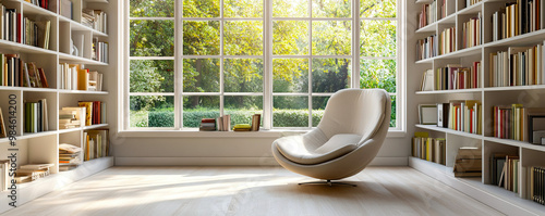 Home library with bookshelves on the wall, panoramic windows..