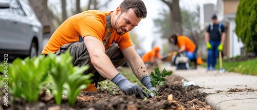 Man planting flowers along roadside, surrounded by gardening tools and workers. photo