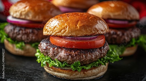 Close up of three juicy beef burgers with lettuce, tomato, and onion on a black surface.