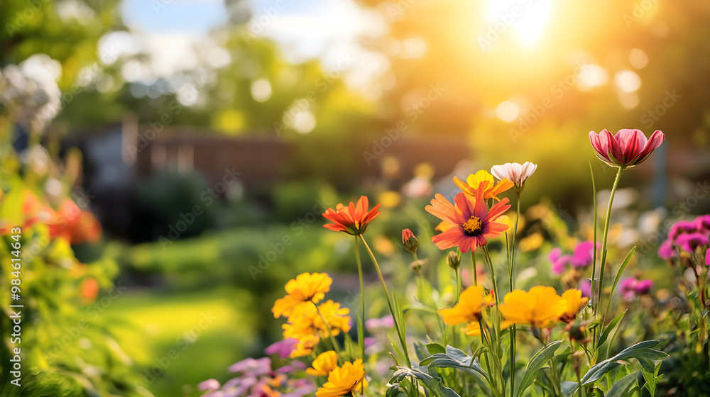 Flowers blooming in a sunny garden.
Flowers blooming in a sunny garden.