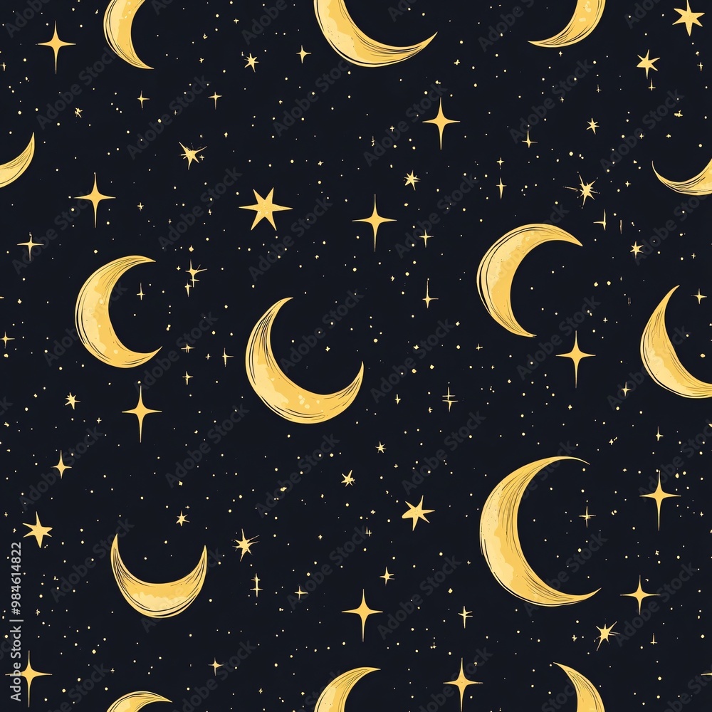 Naklejka premium Celestial Mystical Night - Seamless Pattern with Golden Stars and Crescent Moons on Dark Starry Sky Background for Luxury Branding, Wallpapers, Textiles