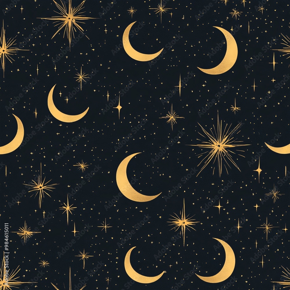 Celestial Elegance - Seamless Pattern of Golden Stars and Crescent Moons on Dark Starry Sky Background for Luxury Branding Celestial Elegance - Seamless Pattern of Golden Stars and Crescent Moons on Dark Starry Sky Background for Luxury Branding