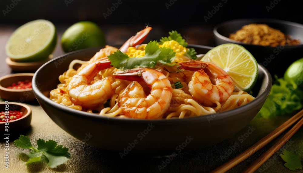 Thai Noodles with Shrimp and Lime with ingredients in a Soft-focus Bowl, Pad Thai Fresh Shrimp Thai Noodles with Shrimp and Lime with ingredients in a Soft-focus Bowl, Pad Thai Fresh Shrimp