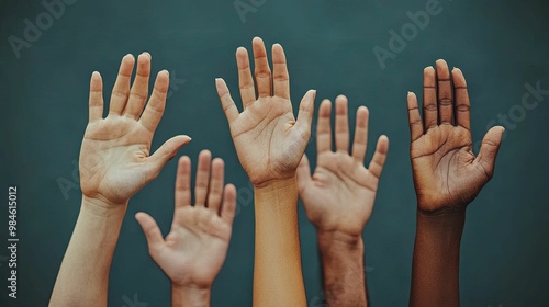 Five Diverse Hands Raised in Unity Against a Teal Background