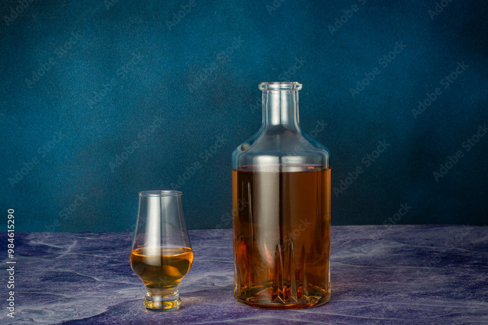Close-up of a glass and bottle of whiskey. Close-up of a glass and bottle of whiskey.