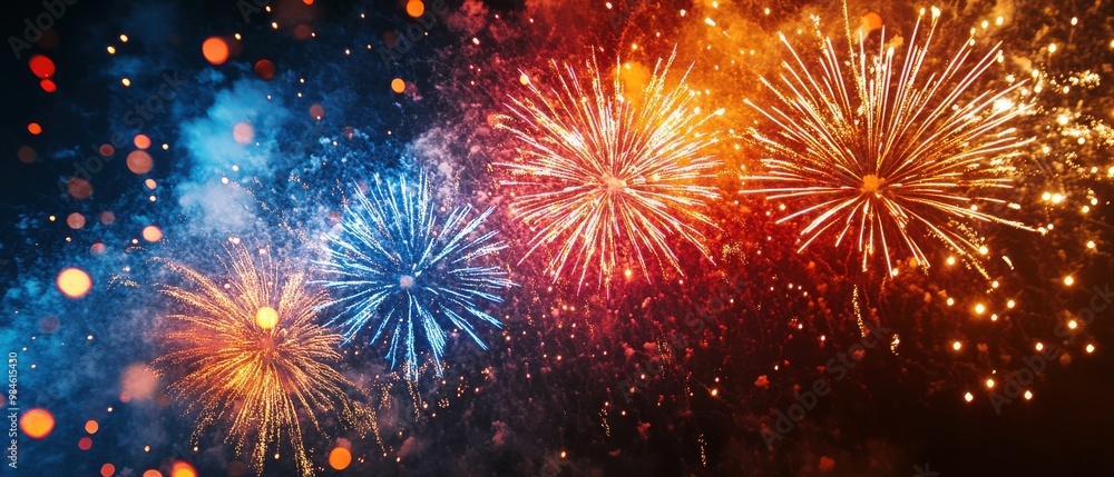 Fototapeta premium Vibrant Fireworks Display Against Dark Starry Sky