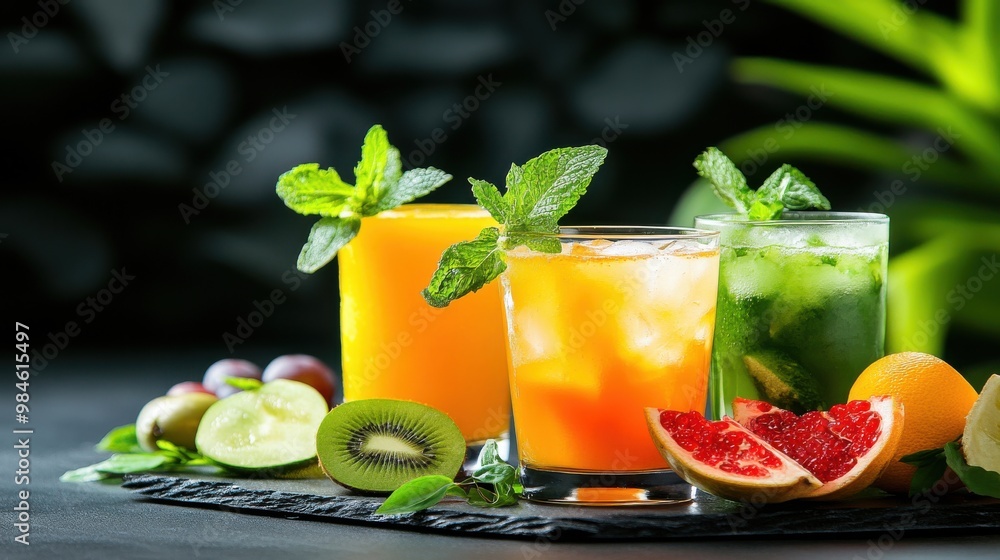 Fototapeta premium Vibrant Fresh Fruit Platter on Black Background with Abundant Slices of Citrus and Mint Garnish.