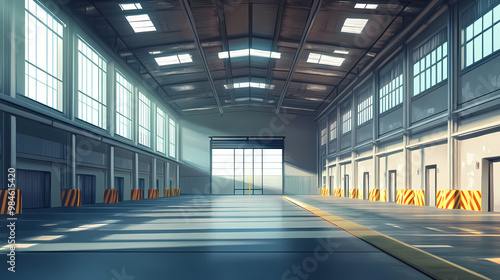 A large open space inside an empty and abandoned industrial warehouse. Abandoned Warehouse. Illustration