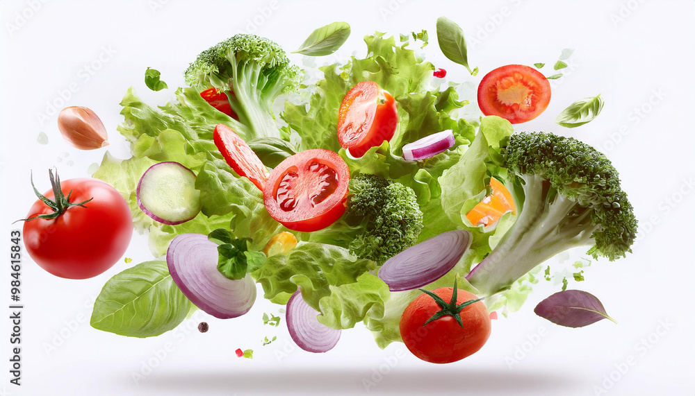 Vegetable salad floating in the air isolated on black background Vegetable salad floating in the air isolated on black background