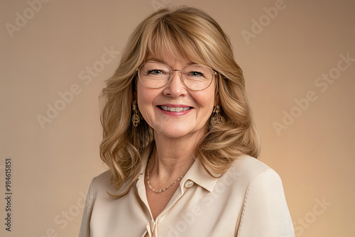 Elegant Professional Portrait of a Mature Germanic Woman Wearing Casual Natural Clothes with a Confident Smile in a Studio Setting for Business and Professional Use