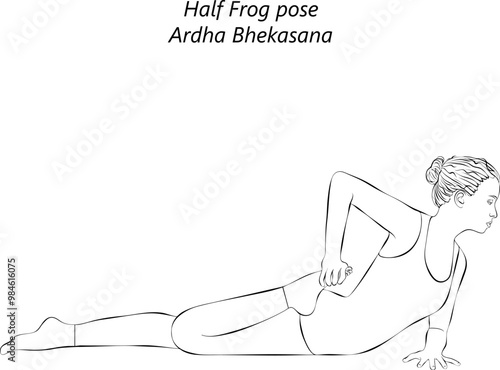 Sketch of young woman practicing Ardha Bhekasana yoga pose. Half Frog pose. Intermediate Difficulty. Isolated vector illustration.
