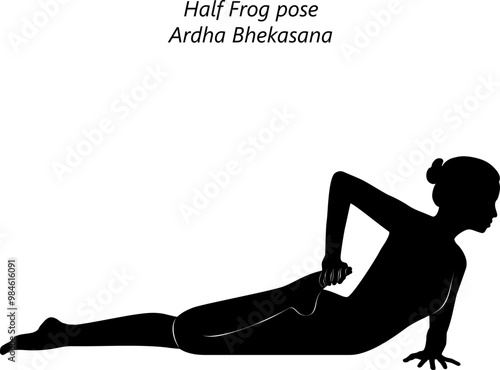 Silhouette of young woman practicing Ardha Bhekasana yoga pose. Half Frog pose. Intermediate Difficulty. Isolated vector illustration