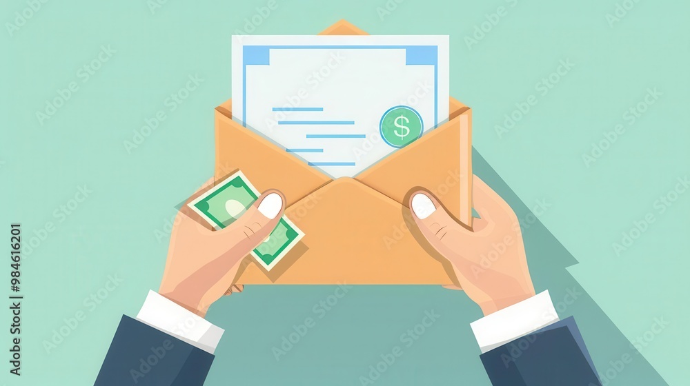 Hands opening paycheck envelope with cash, pay day scene in flat design, front view, payday joy theme, 3D illustration, Split-complementary color scheme Hands opening paycheck envelope with cash, pay day scene in flat design, front view, payday joy theme, 3D illustration, Split-complementary color scheme