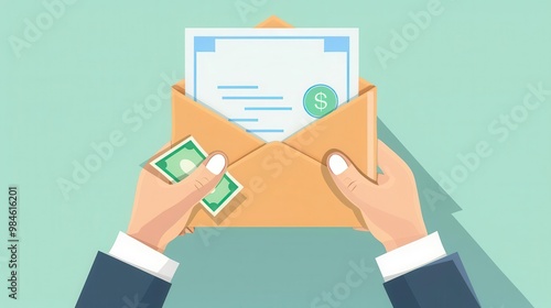 Hands opening paycheck envelope with cash, pay day scene in flat design, front view, payday joy theme, 3D illustration, Split-complementary color scheme